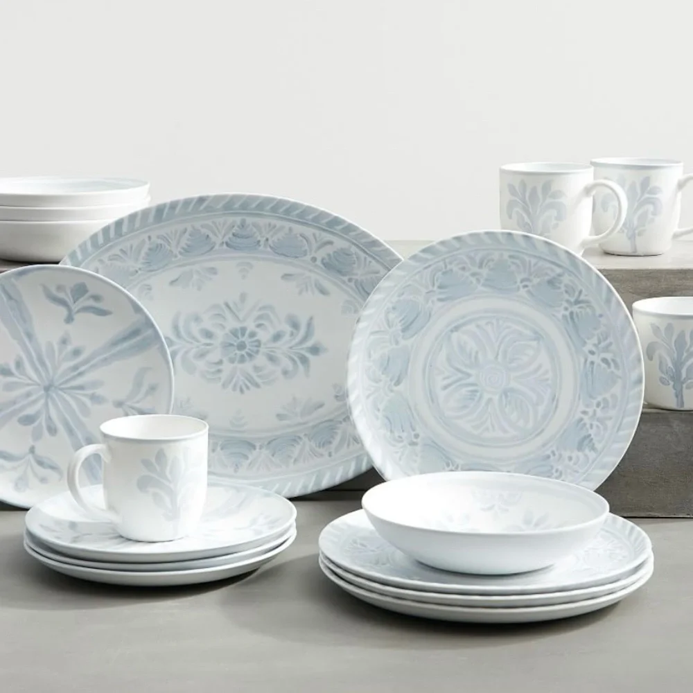 Pottery Barn Chambray Tile Stoneware Soup Bowls Blue and White 8